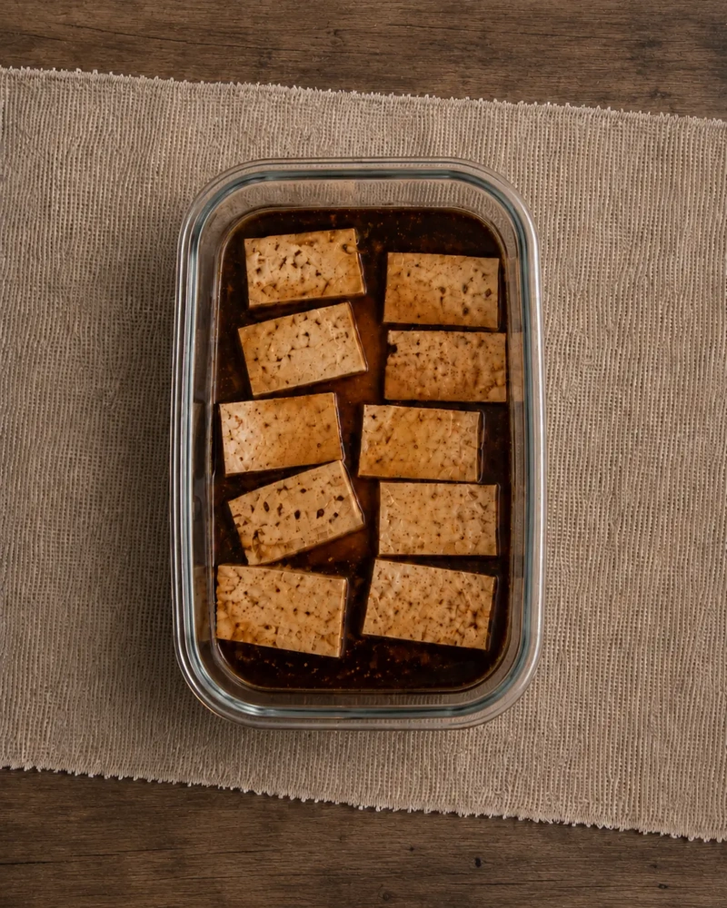 Marinated tofu pieces soaking in a glass baking dish with dark soy-based marinade on a beige woven cloth and warm wooden background.