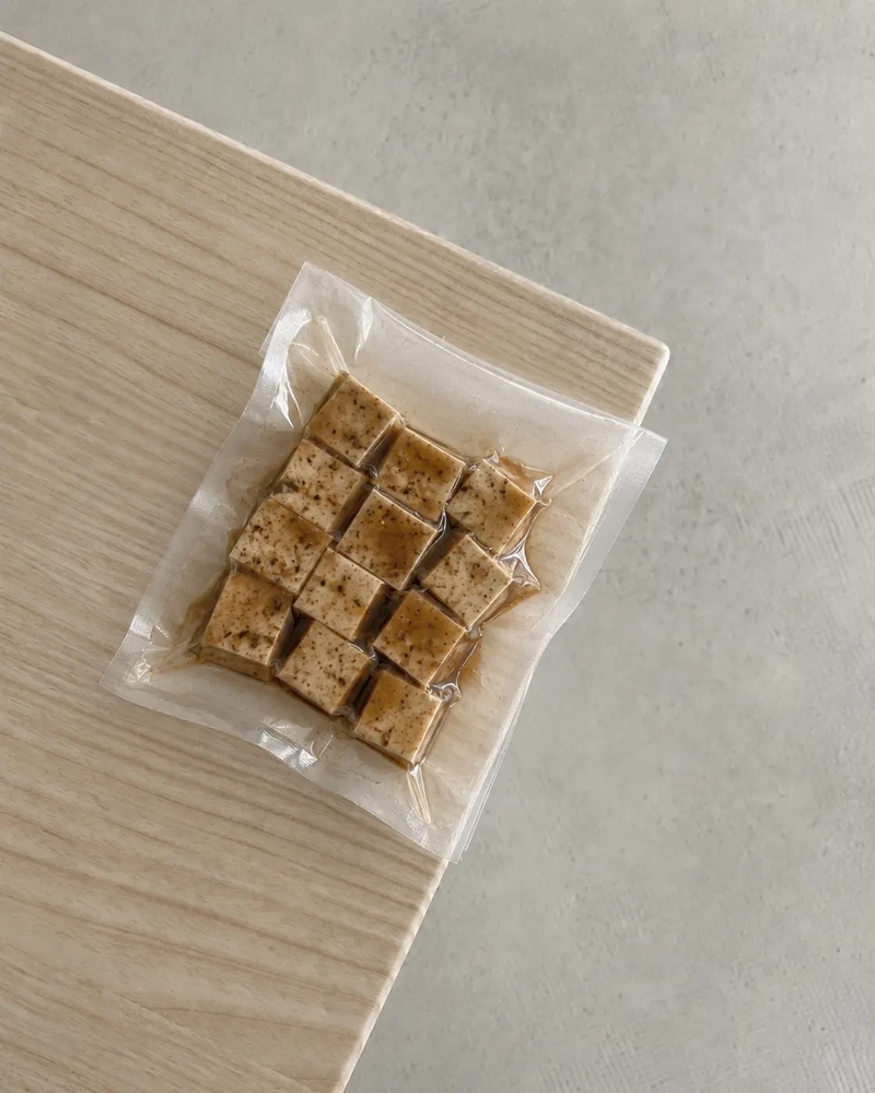Marinated tofu slices sealed in a transparent vacuum bag with soy-based marinade on a pale wooden surface and neutral grey background.
