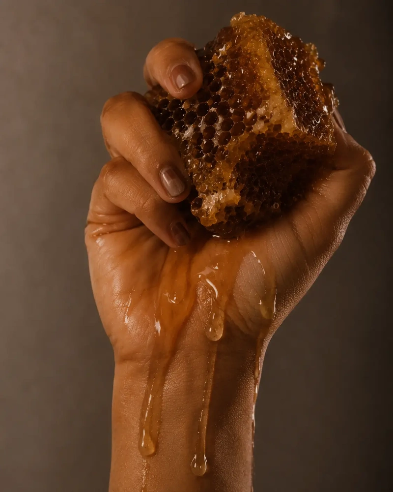 Is honey vegan article image with one hand holding a dripping piece of honeycomb in warm, dark editorial light.