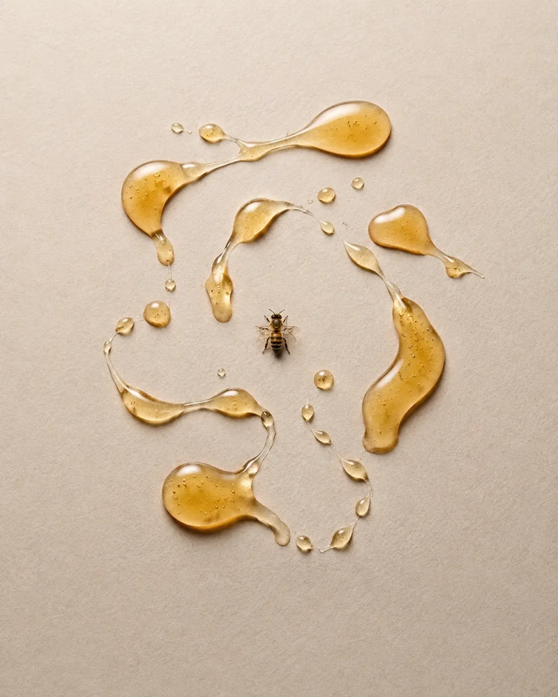 Is honey vegan article image with a small bee at the center of abstract golden honey droplets arranged on a soft beige textured background.