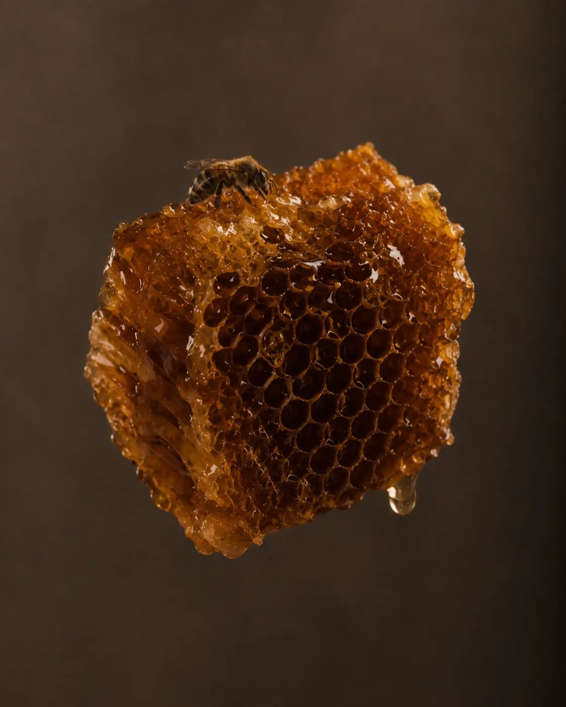 s honey vegan article image with a centered piece of honeycomb and one small bee on top against a dark warm background.