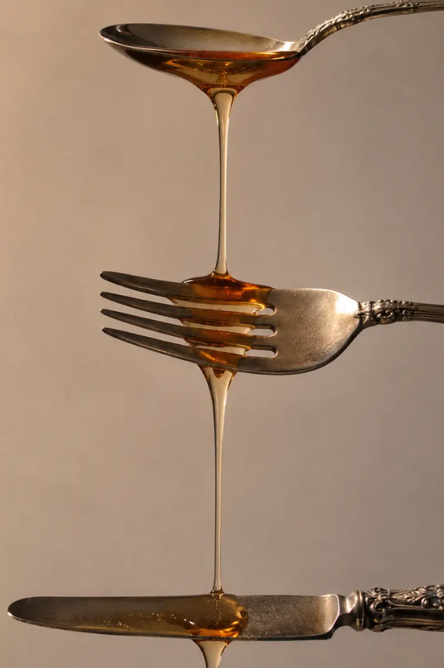 Is honey vegan article image with vintage silver cutlery and amber syrup dripping between a spoon, fork, and knife against a soft neutral background.