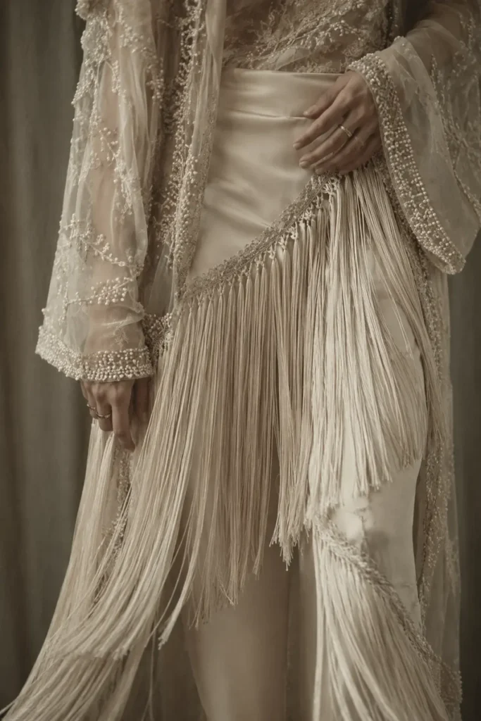 Is silk vegan article image with a close-up of an elegant cream-colored silky outfit, delicate fringe details, sheer embroidered fabric, and soft vintage lighting.