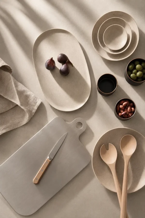 Kitchen essentials arranged in an editorial flat lay with ceramic plates, an stainless steel cutting board, a simple knife, and light wooden serving spoons.
