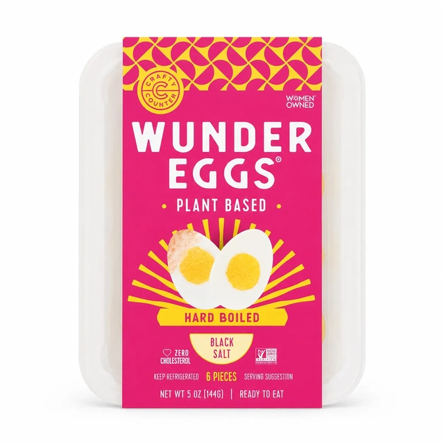 Vegan hard boiled egg substitute — Crafty Counter WunderEggs plant-based egg halves in packaging
