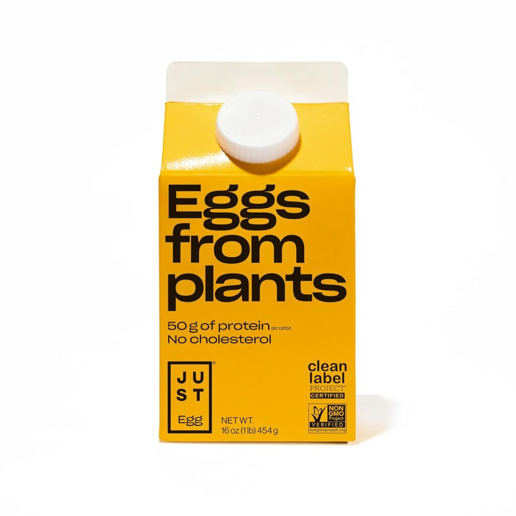 Liquid egg substitute Just Egg by Eat Just — mung bean plant-based egg in a yellow bottle
