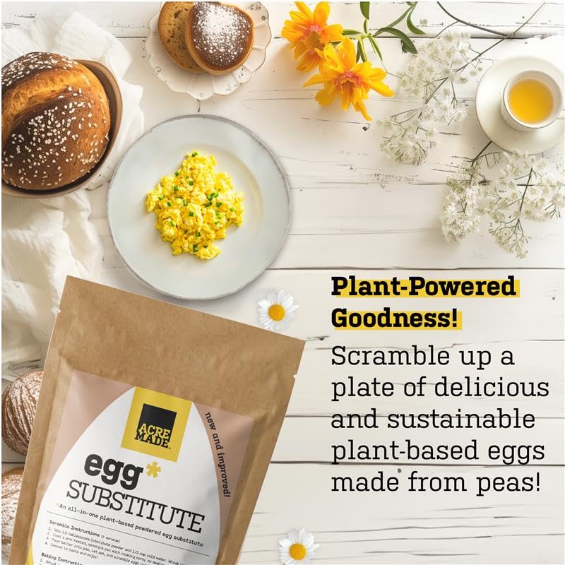 Vegan egg substitute for scrambled eggs — AcreMade pea protein scrambled eggs on a plate with bread in the background
