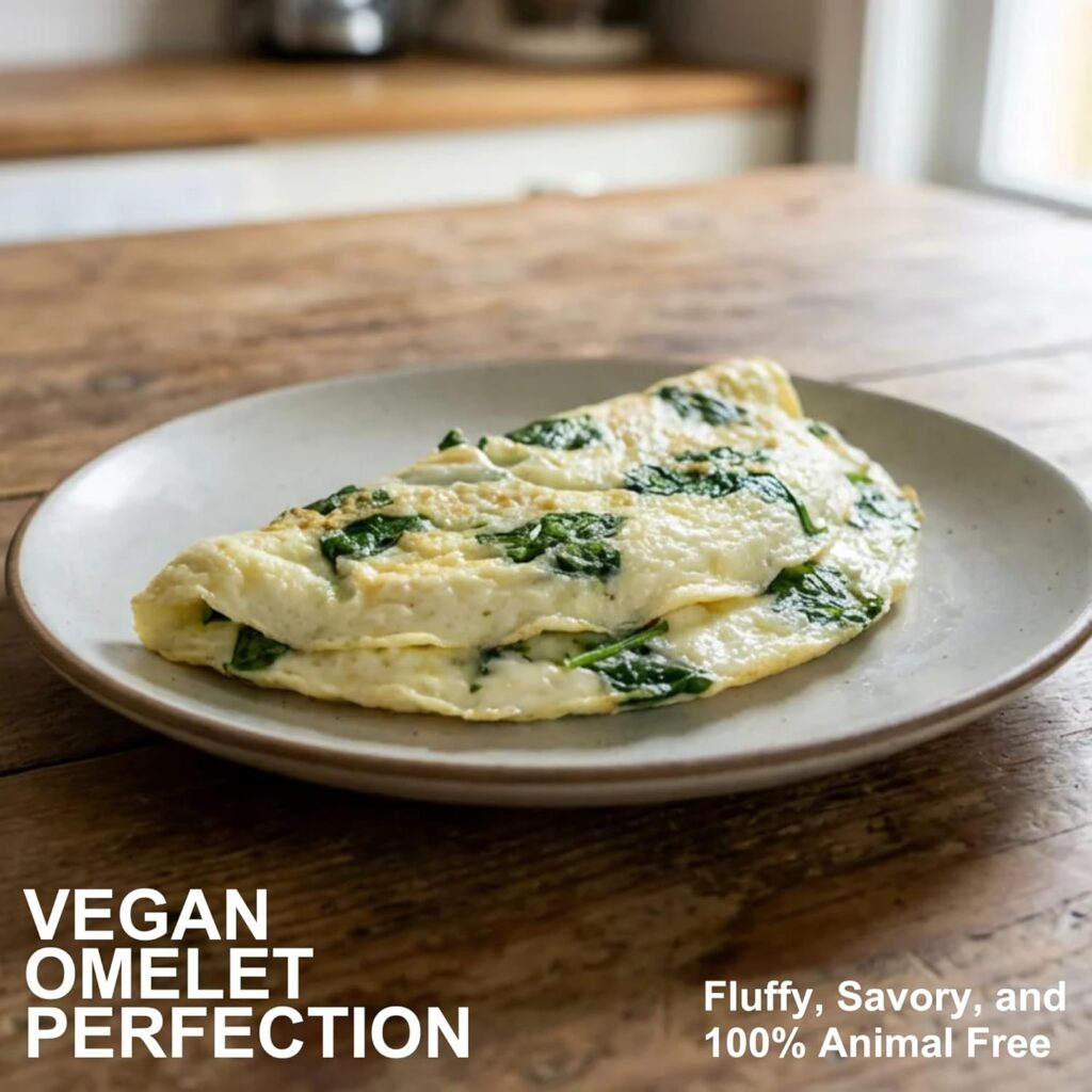 Vegan egg white substitute — fluffy animal-free omelette made with precision fermented egg white protein powder on wooden table