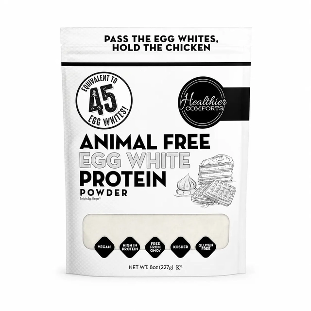 Powdered vegan egg white substitute — Healthier Comforts Animal-Free Egg White Protein Powder 8oz bag precision fermented
