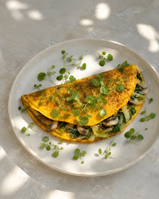 Best vegan egg substitute products — plant-based omelette made without eggs garnished with fresh herbs on white plate