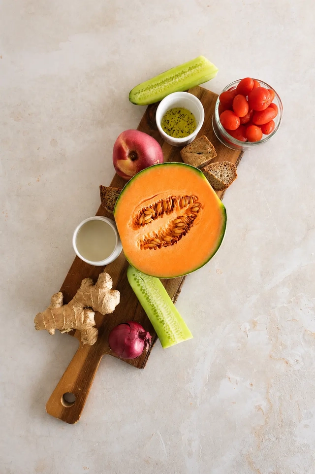 Vegan gazpacho ingredients arranged on a wooden board with cantaloupe, cherry tomatoes, cucumber, peach, ginger, onion, bread, olive oil, and vinegar