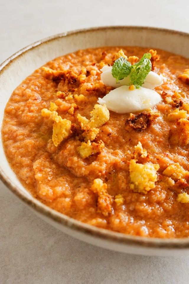 Vegan gazpacho close-up with crispy tofu, creamy vegan garnish, fresh mint, and a bright orange rustic texture