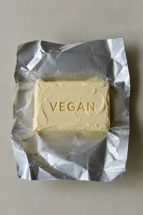 Vegan butter substitute block embossed with the word “VEGAN” on crinkled silver foil, photographed from above on a soft neutral background for a plant-based baking guide.