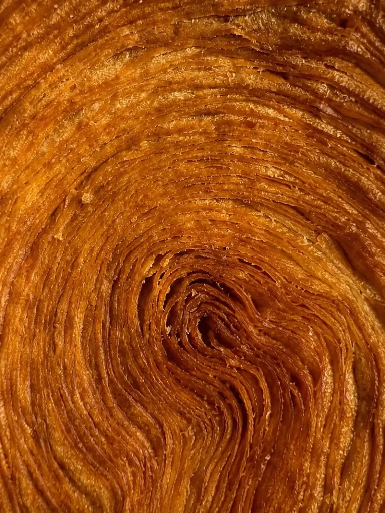 Close-up of flaky laminated pastry layers in a golden-brown spiral, shown without icing to highlight the crisp baked texture.