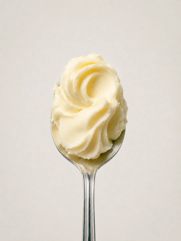 Vegan butter substitute piped into a soft swirl on a silver spoon against a clean neutral background.