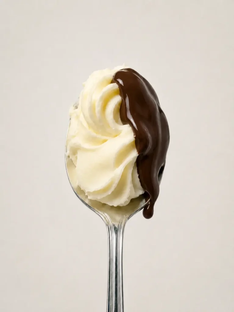 Vegan butter substitute piped into a soft swirl on a silver spoon, topped on one side with a glossy dark chocolate drizzle against a clean neutral background.