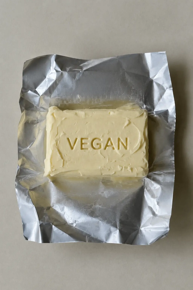 Vegan butter substitute block embossed with the word “VEGAN” on crinkled silver foil, photographed from above on a soft neutral background for a plant-based baking guide.