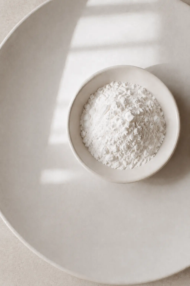 Potato starch as egg substitute in a small white bowl on a white ceramic plate, photographed from above on a neutral stone background with soft natural light.