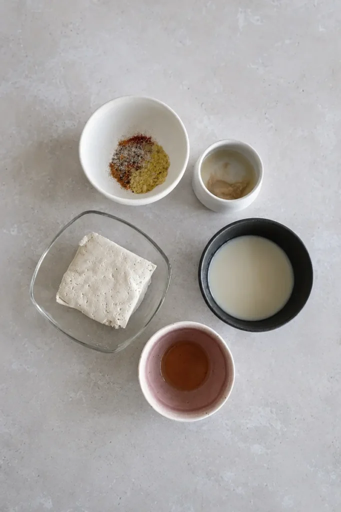 Vegan scrambled eggs ingredients arranged on a neutral surface, including tofu, turmeric, seasonings, and fresh garnish for a plant-based egg recipe.