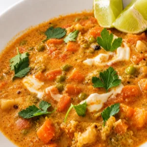 Vegan korma recipe served in a bowl with mixed vegetables, coconut milk sauce, plant-based yogurt, fresh parsley, and lime wedges