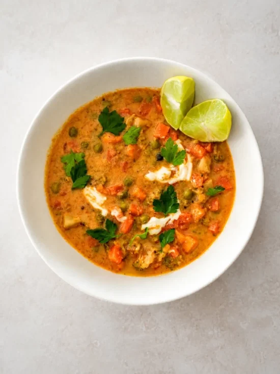 Vegan korma recipe served in a white bowl with mixed vegetables, plant-based yogurt, fresh parsley, and lime wedges on a neutral surface