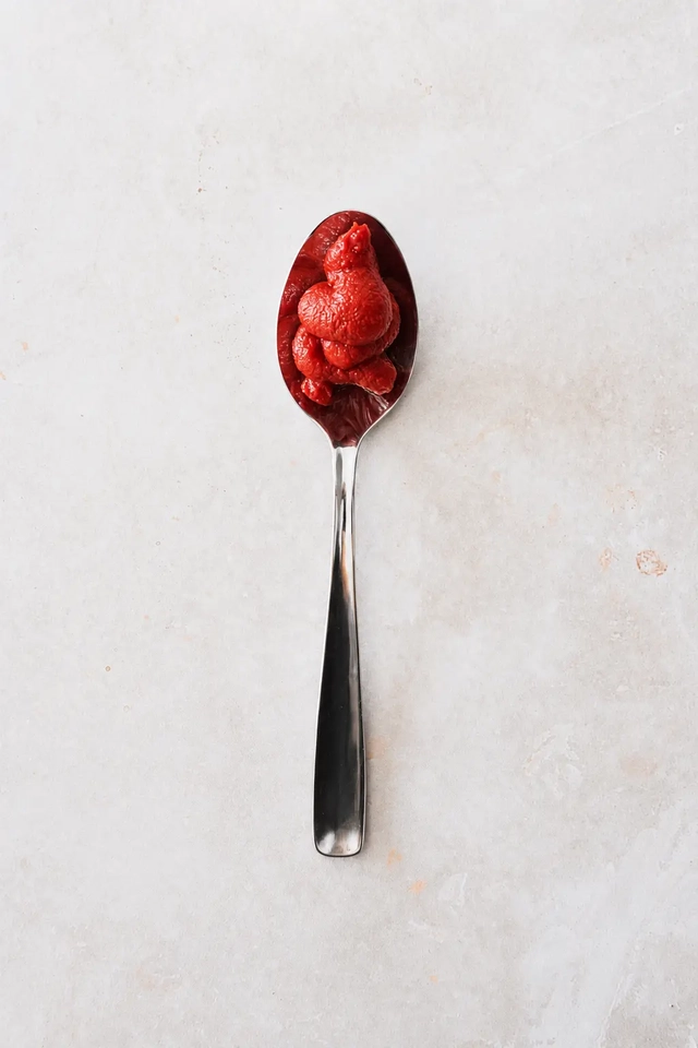 Vegan korma tomato paste spooned onto a stainless steel spoon, photographed from above on a neutral stone surface.