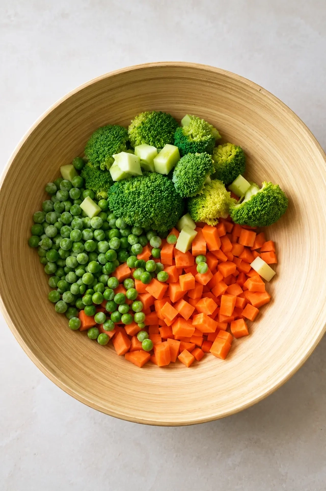 Bamboo bowl filled with chopped vegetables, photographed from above in a clean and minimal kitchen setting.