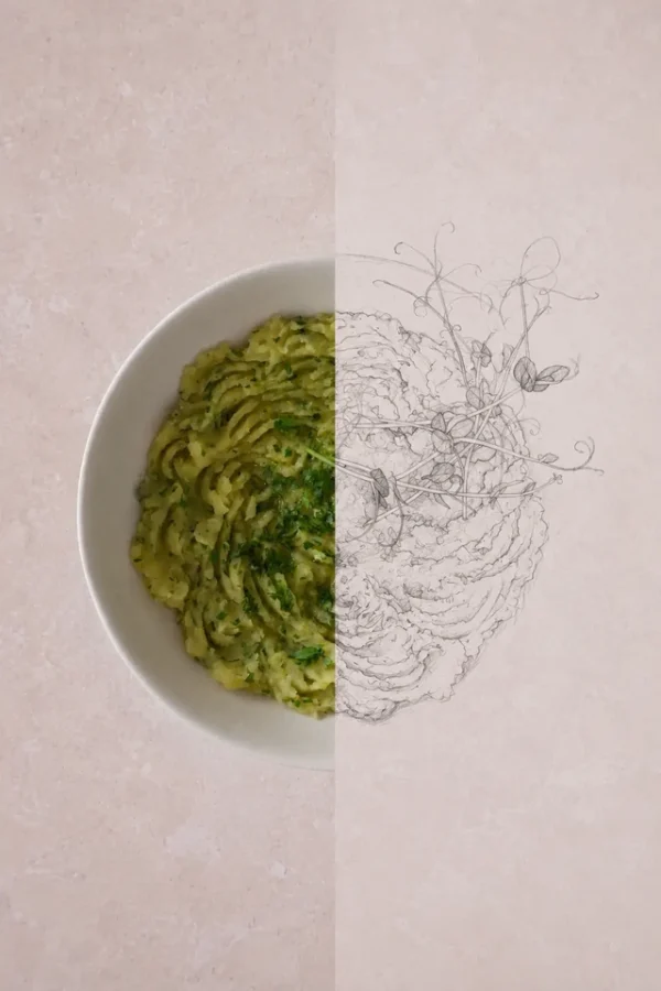 Recipe development concept image with vegan potato purée shown half as a food photograph and half as a pencil sketch, with herbs and microgreens.