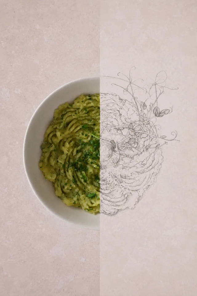 Recipe development concept image with vegan potato purée shown half as a food photograph and half as a pencil sketch, with herbs and microgreens.