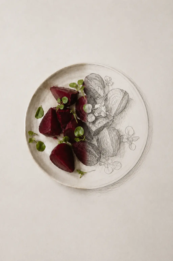 Recipe development concept image with roasted beetroot shown half as a food photograph and half as a pencil sketch on a minimalist ceramic plate.