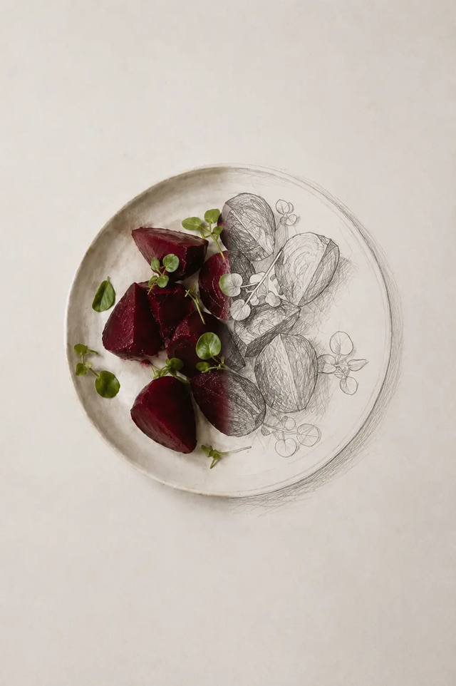 Recipe development concept image with roasted beetroot shown half as a food photograph and half as a pencil sketch on a minimalist ceramic plate.