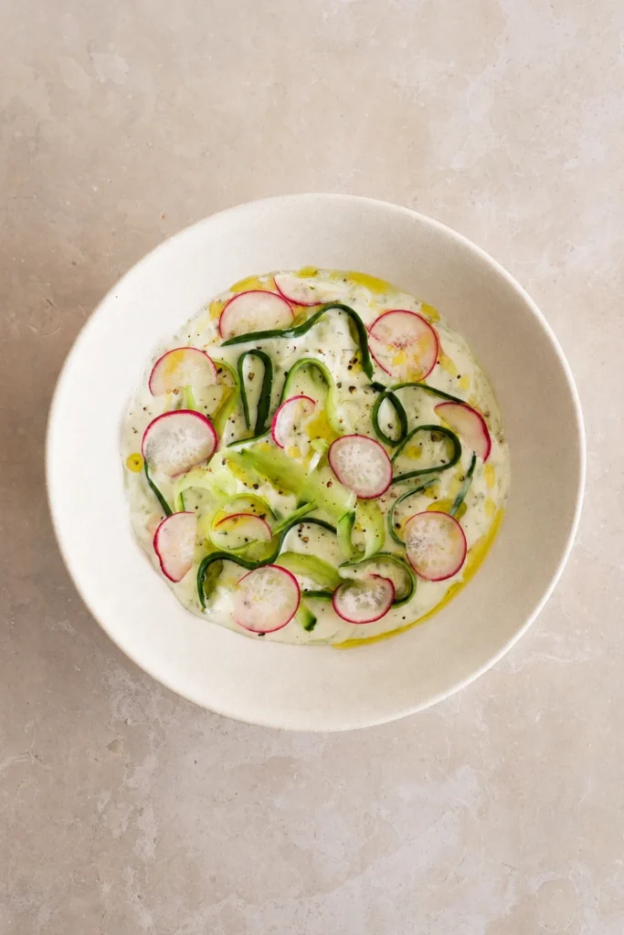 Vegan tzatziki sauce recipe served in a white bowl with cucumber ribbons, radish slices, olive oil, black pepper, and fresh mint.
