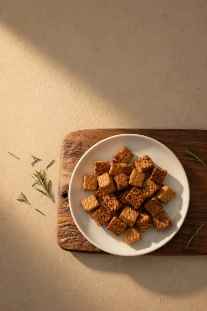 Tempeh cubes grilled until golden and served on a white plate over a rustic wooden board with rosemary and warm natural light.