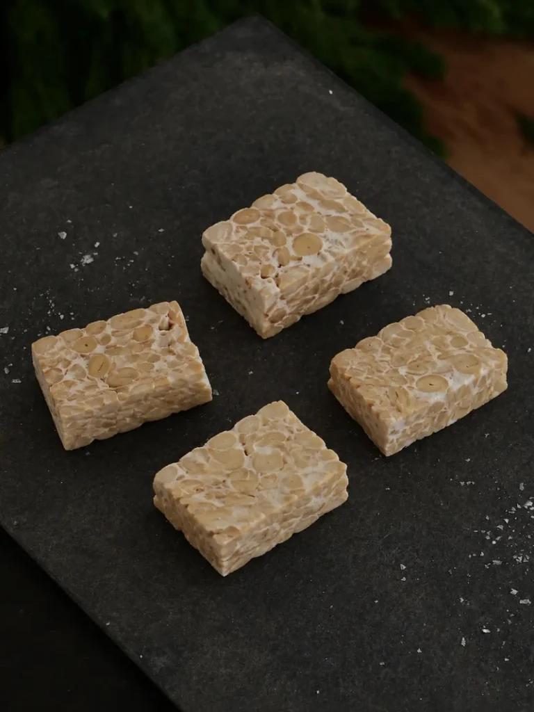 Tempeh rectangles cut by hand and arranged on a dark stone surface, showing the natural soybean texture in a minimalist food composition.
