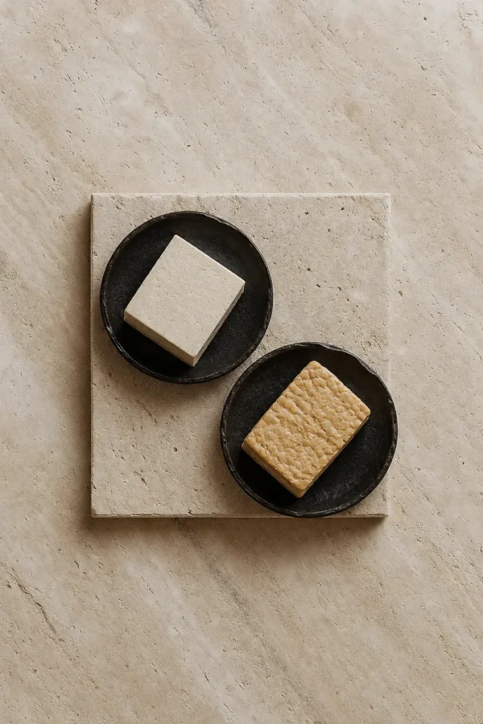 Tofu and tempeh served on two rough black ceramic plates over a beige stone surface, showing the visual difference between a plain tofu block and a textured tempeh rectangle.