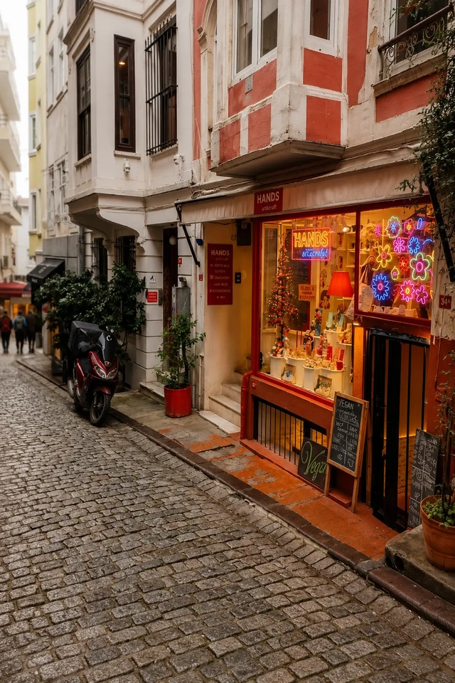 istanbul vegan restaurants guide, colorful street view of a vegan-friendly café entrance on a cobblestone street in Istanbul.