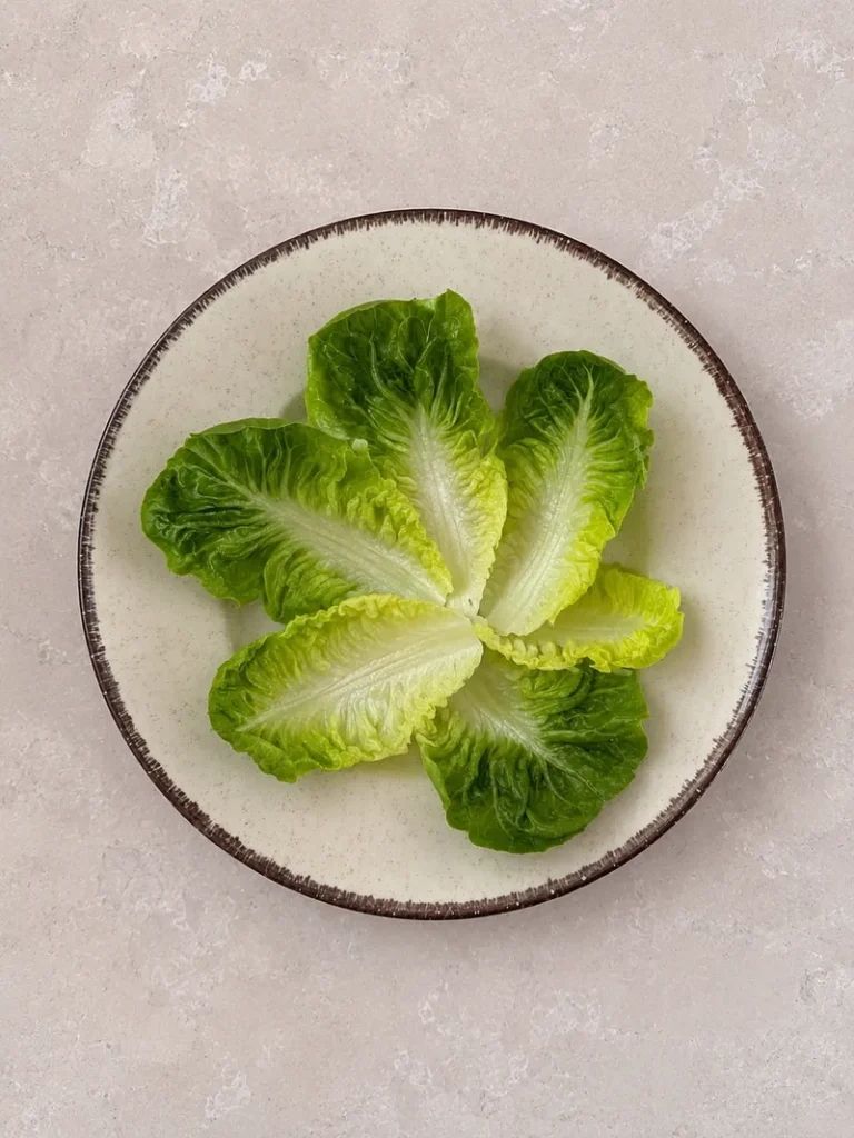 Vegan Waldorf Salad lettuce base arranged with crisp whole leaves on a ceramic plate, ready to hold the creamy salad mixture.