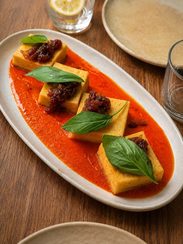 Eating vegan and gluten free with crispy tofu served in a red pepper sauce, topped with caramelized onions and fresh basil.