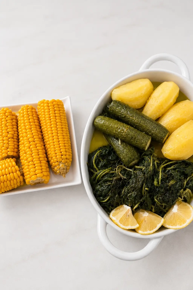 Eating vegan and gluten free with boiled potatoes, stuffed zucchini, leafy greens, lemon wedges, and corn on the cob.
