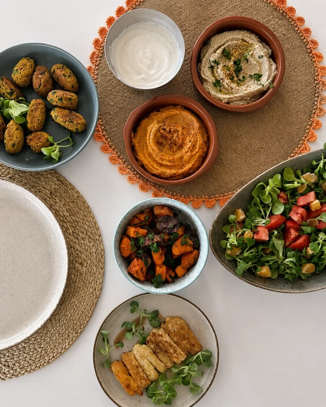 Vegan and gluten-free diet spread with hummus, plant-based yogurt, roasted vegetables, falafel, tempeh, and a fresh salad arranged on a neutral table.