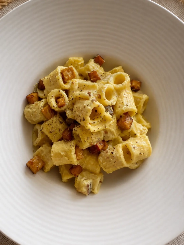 Close-up of creamy rigatoni pasta served in a large white ridged bowl, topped with crispy browned cubes and cracked black pepper, photographed from above in soft natural light.