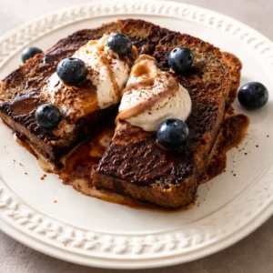 Vegan French toast served on a white plate, topped with creamy vegan yogurt, fresh blueberries, and a rich chocolate drizzle.