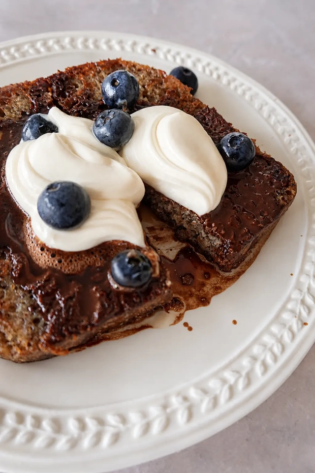 Vegan buckwheat French toast topped with rich chocolate sauce, creamy vegan yogurt, and fresh blueberries on a white ceramic plate.