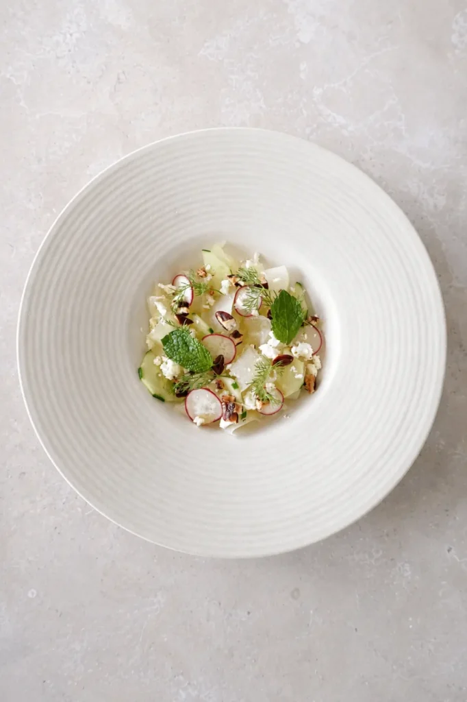 Honeydew cucumber salad with lime-marinated melon, vegan feta, radishes, pecans, mint, and fresh dill served on a white ceramic plate.