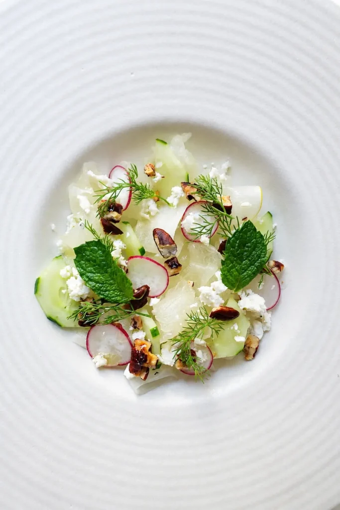 Honeydew cucumber salad close up with lime-marinated melon, vegan feta, radishes, pecans, mint, and fresh dill served on a white ceramic plate.