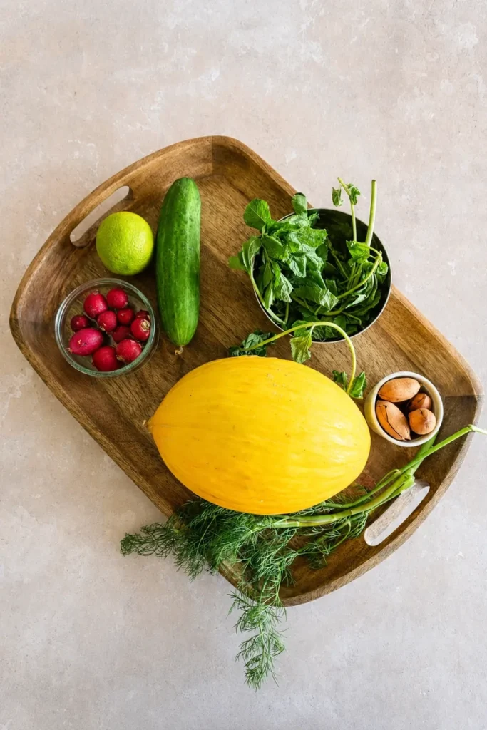 Honeydew cucumber salad ingredients arranged on a wooden tray, including honeydew melon, cucumber, lime, radishes, fresh mint, fresh dill, and pecans.