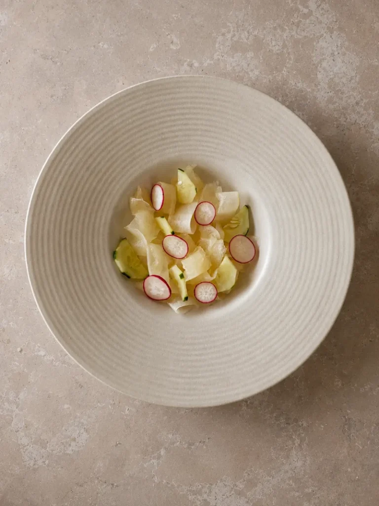 Cantaloupe salad with cucumber and thinly sliced radishes served in a wide ceramic bowl