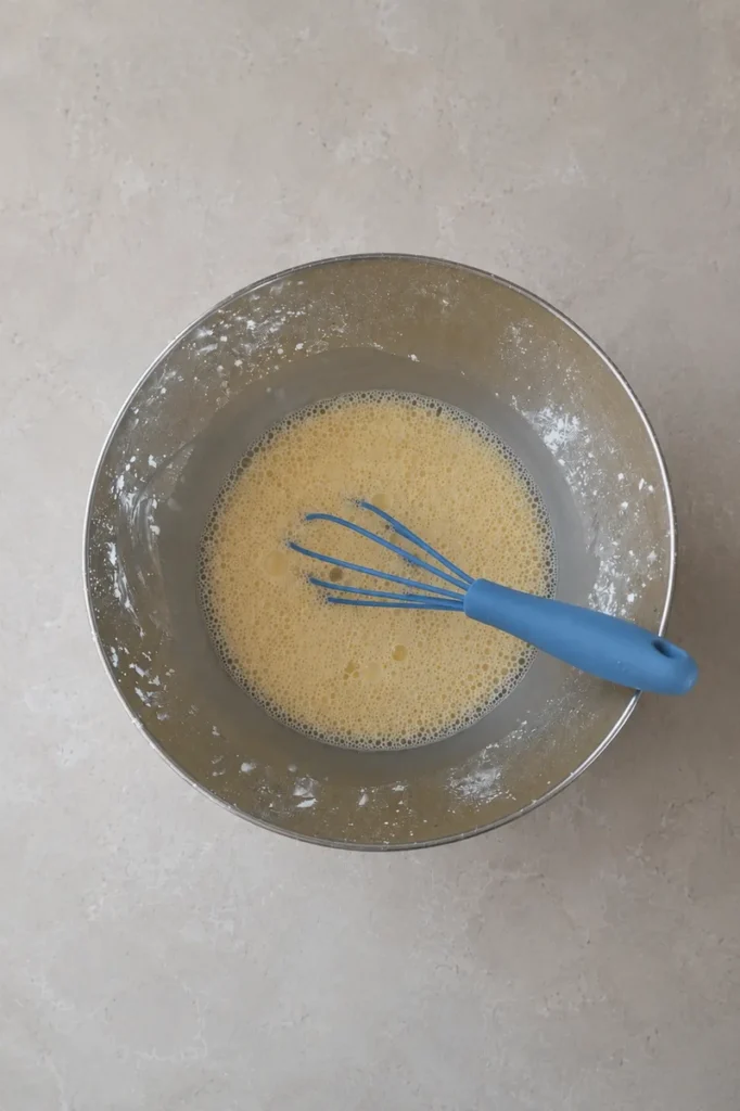 Top-down view of a metal mixing bowl with a pale yellow lemon curd mixture and a blue whisk on a light neutral countertop.