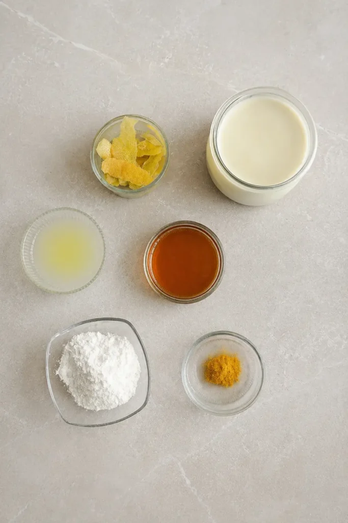 Top-down view of the ingredients for a vegan lemon curd recipe, including plant-based milk, lemon juice, lemon zest, maple syrup, cornstarch and turmeric on a neutral stone surface.