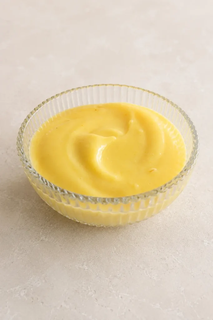 Side view of smooth vegan lemon curd in a glass bowl, ready to fill the tart crust.